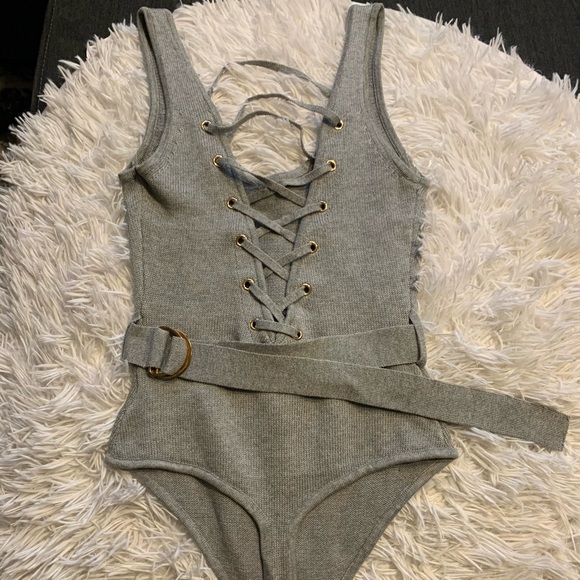 Gray laced up bodysuit with waist belt 2 (S) avail - Picture 3 of 13